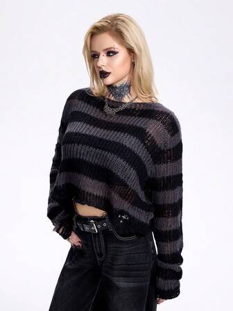 Breakform Pull à manches longues style gothique décontracté, coupe courte, mode minimaliste et polyvalente pour femmes