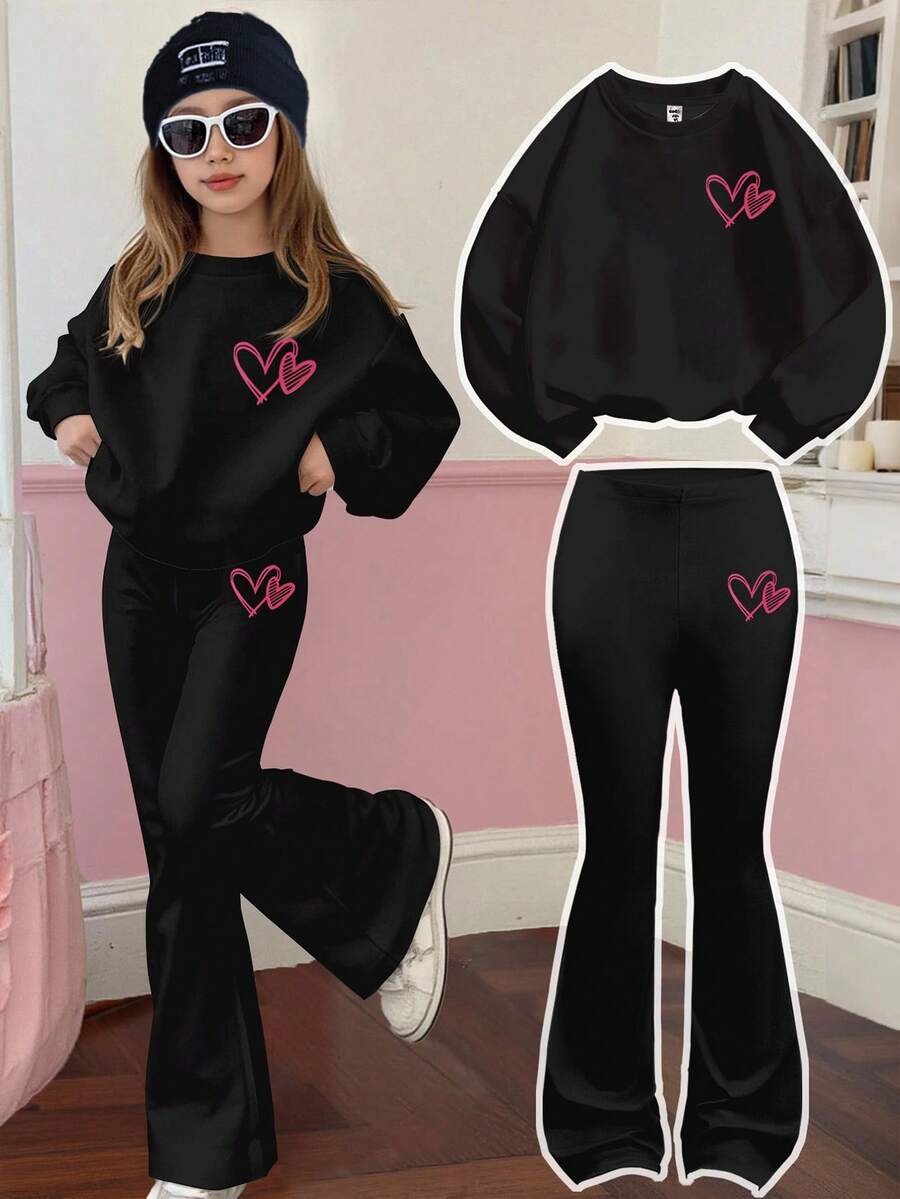 SHEIN Leap Crew 两件套少女休闲加厚柔软舒适保暖圆领宽松长袖卫衣,饰有爱心印花,搭配喇叭裤,秋冬季外出穿搭,轻松舒适,适合秋冬季叠穿,时尚少女,休闲服饰,少女印花服装,秋季服装,冬季服装 - 黑色 - 查看 1