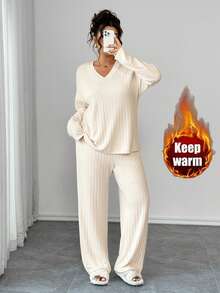 EMERY ROSE 女式加大码两件套，宽松 V 领长袖上衣和直筒裤，温暖纹理面料，舒适家居服，适合休闲穿着 - 杏色 - 查看 1