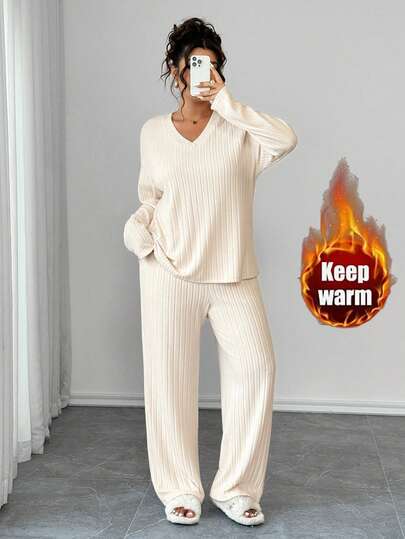 EMERY ROSE 女式加大码两件套，宽松 V 领长袖上衣和直筒裤，温暖纹理面料，舒适家居服，适合休闲穿着