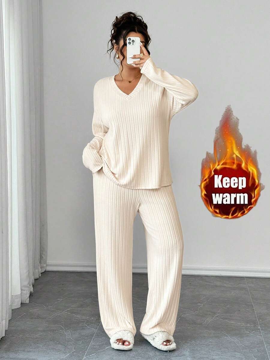 EMERY ROSE 女式加大码两件套，宽松 V 领长袖上衣和直筒裤，温暖纹理面料，舒适家居服，适合休闲穿着 - 杏色 - 查看 1