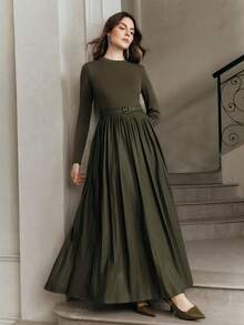 Anewsta Váy xòe xếp ly PU đan vá thanh lịch dành cho nữ, mùa thu - xanh quân đội - Xem 7