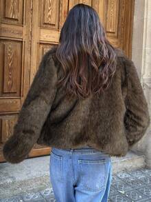 Aloruh Fluffy Thick & Warm Loose Fit Long Sleeve Outerwear For Womenwinter, Old Money, Casual, Brown, Faux Fur, Plush, Long Sleeve,Fall,Fall Clothes For Women,Women's Winter Clothes