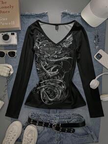 Attitoon Áo nữ màu đen cổ chữ V tay dài in họa tiết cánh và cuộn giấy phong cách Punk - Phong cách Y2K, thời trang đường phố, vintage, retro, mùa thu, đi học, nghỉ lễ, thường ngày, thu đông, hip-hop, core Aesthetic, gothic, cybersigilism, gyaru, mùa thu, nữ, mùa đông - trắng - Xem 4