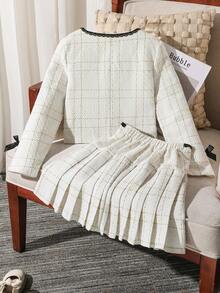SHEIN Tween女孩秋季套裝 2件/套，迷你套裝，包含兩件單品：短款粗花呢夾克 - 杏色 - 查看 2