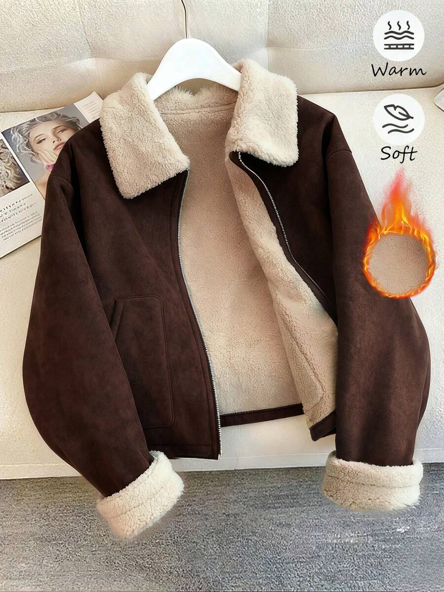 Franclia 女士休闲落肩拉链领长袖外套，带口袋，仿麂皮绒和泰迪绒面料，双色棕色，冬季款