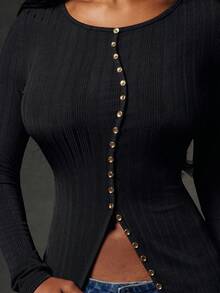 NYA SZN Áo thun dài tay có khuy cài, ôm sát cơ thể, kiểu dáng cơ bản, mặc hàng ngày, giản dị, kín đáo, thích hợp đi nhà thờ, công sở, đi dạy, tựu trường, lễ hội, chất liệu dệt kim gân, phong cách thu đông, lễ hội dành cho nữ. - màu đen - Xem 6