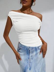 SHEIN Essnce Blusa ajustada de unicolor con cuello asimétrico fruncido de moda para mujer