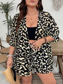 SHEIN VCAY 大码女式豹纹和服衬衫短裤套装，休闲两件套 - 黑色 - 查看 4
