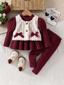 女婴简约时尚红色纯色连衣裙、背心外套和裤子三件套