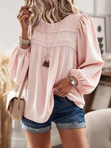EMERY ROSE Women's Casual And Elegant Minimalist Textured Fabric Round Neck Long Sleeve Blouse,Fall And Spring Vcation T-Shirt Boho Blouses Lantern Sleeve Blouse Women Blouses Long Sleeve Pink Blouses Long Sleeve Summer Top - Baby Pink - View 3