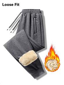 Manfinity Homme Men Solid Drawstring Waist Thermal Lined Sweatpants, For Fall Winter - Grey - View 1