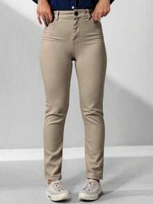 Pantalon Gabardina Dama Jr Tiro Alto Color Caqui Negro Marino Corte Slim - Café claro - Ver 1