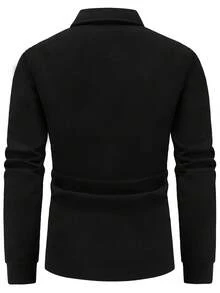 Manfinity Mode 男士休闲纯色V领长袖POLO衫，秋季黑色衬衫，男士长袖POLO衫，黑色长袖衬衫，男士黑色翻领衬衫，男士黑色长袖上衣，复古风格，适合日常休闲、周末旅行、户外活动、探险旅行、轻松的工作环境或半正式场合，也是送给男友/丈夫、周年纪念日或圣诞节的理想礼物。 - 黑色 - 查看 2