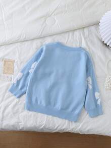SHEIN Vintaside Kids 女童加厚粉色毛衣，白色蝴蝶结圆领套头衫，休闲可爱，适合叠穿或参加派对，秋冬季佳选。 - 淺藍色 - 查看 2