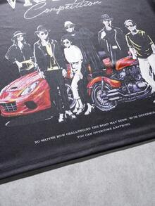 AXEPEAK 男士赛车手印花宽松圆领短袖T恤 - 黑色 - 查看 4