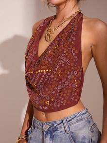 Glamine Women's Y2K Rhinestone Halter Cropped Fashionable Sexy Camisole Hippie Top Western Crop Top Bandana Top Women Cowgirl Top Scarf Top - Red - View 5