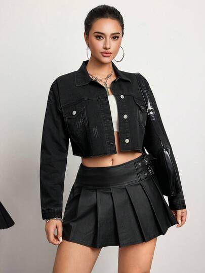 SHEIN Tall Women's Long Sleeve Single-Breasted Casual Cropped Denim Jacket