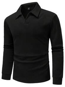 Manfinity Mode 男士休闲纯色V领长袖POLO衫，秋季黑色衬衫，男士长袖POLO衫，黑色长袖衬衫，男士黑色翻领衬衫，男士黑色长袖上衣，复古风格，适合日常休闲、周末旅行、户外活动、探险旅行、轻松的工作环境或半正式场合，也是送给男友/丈夫、周年纪念日或圣诞节的理想礼物。 - 黑色 - 查看 3