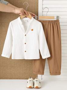 SHEIN 2-Pack Young Boys Boys Casual Sports College Vacation With Textured Fabric Stand-Up Collar Shirt And Trousers Suitable For Kids Outfits Young Boy Clothes Back To School Boys Set Suitable For Birthday Parties, Evening Parties, Performances, Weddings, Baptisms, Opening Ceremonies Daily Suitable For Daily Use Suitable For School Suitable For Travel Suitable For Sports Suitable For Spring And Summer Seasons