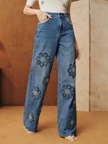 Anewsta Women's Elegant Romantic Floral Embroidered Pearl Rhinestone Straight Leg Jeans, Spring/Summer - Dark Wash - View 4