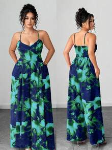 Elenzga Bộ đồ liền thân có dây đeo điều chỉnh họa tiết hoa tie-dye thanh lịch dành cho nữ cỡ lớn, thời trang và tinh tế cho đầu xuân - Màu xanh lam - Xem 1