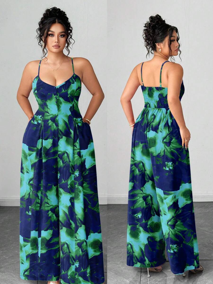 Elenzga Bộ đồ liền thân có dây đeo điều chỉnh họa tiết hoa tie-dye thanh lịch dành cho nữ cỡ lớn, thời trang và tinh tế cho đầu xuân - Màu xanh lam - Xem 1