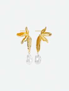 Opalesca 一对复古18K镀金立体花卉巴洛克珍珠叶子吊坠耳环，优雅女士耳环，适合各种服饰，复古风格，串珠设计，婚礼/新娘配饰，仙女风，珍珠，花朵，秋冬款，送给妈妈/女士/女孩/母亲，优雅，高级 - 金黃色 - 查看 4