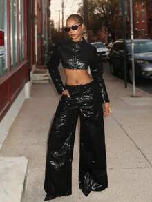 Jeanoix Women's Y2K Fashion Streetwear Faux Leather Coated Wide Leg Pants