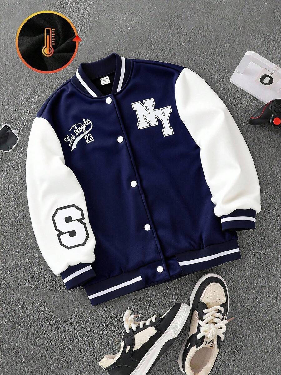 SHEIN Coolqubz Boys' Casual College Style Printed Baseball Jacket, Suitable For Leisure, Sports, And School Wear - Navy Blue - View 1