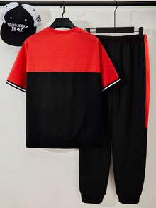 Vacaura 2pcs/Set Teenage Boys' Casual Contrast Color Patchwork Letter Print T-Shirt And Sports Pants Set - Red - View 2