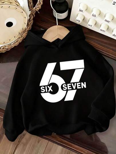 Tween Boys "67" Numeral & "Six Seven" Letter Graphic Casual Streetwear Pullover Hoodie, Black Long Sleeve Sweatshirt