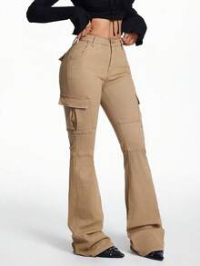 SHEIN Tall Quần jeans ống loe cạp cao có túi hộp thời trang dành cho nữ Quần ống loe thời trang mùa đông màu kaki sang trọng - Màu Khaki - Xem 1