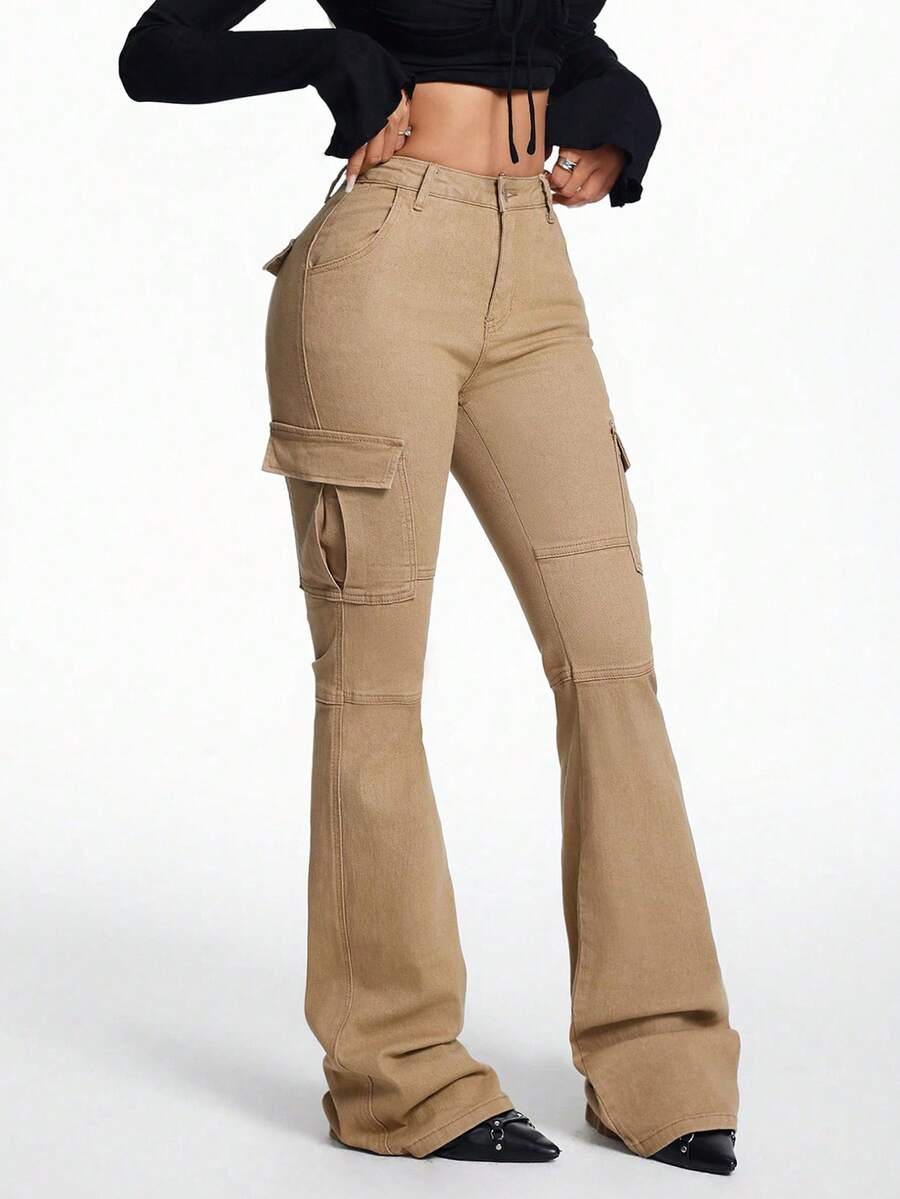 SHEIN Tall Quần jeans ống loe cạp cao có túi hộp thời trang dành cho nữ Quần ống loe thời trang mùa đông màu kaki sang trọng - Màu Khaki - Xem 1