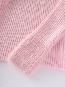 Franclia 浪漫甜美优雅百搭粉色露肩重磅仿貂毛3D罗纹图案女士长袖套头毛衣，秋冬款 - 粉色 - 查看 4