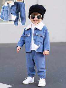 2-częściowy zestaw dla chłopców: luźny kardigan z naszytymi kieszeniami i luźne spodnie ze ściągaczem, odpowiedni do szkoły, ogrodu, na plażę, na urodziny, jesień/zimę