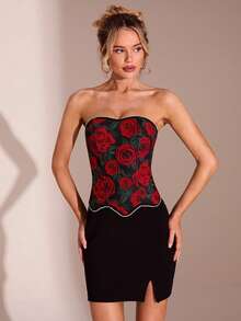 SHEIN Glamour 女士Y2K花卉图案弧形下摆时尚抹胸上衣 - 黑色 - 查看 5
