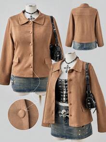 Sunspun Plus Size Women's Retro Classic Old Coin Windbreaker Jacket, Elegant Design With Buttons And Fake Pockets, Solid Color Minimalist, Suitable For Commuting, Autumn, Minimalism, Business Casual, Vacation, Work, Teacher, Back To School, Fall, Old Money Style Outerwear