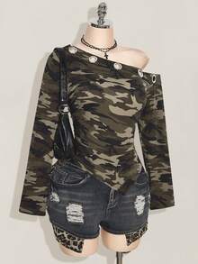 SHEIN ICON 大码斜肩金属孔眼装饰针织长袖上衣，秋季Y2K复古时尚迷彩针织上衣，女士休闲上衣 - 彩色 - 查看 4