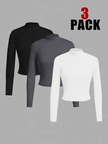 SHEIN EZwear 3pcs/Set Women's Black, Dark Grey, White T-Shirts, Suitable For Autumn/Winter,Fall,Fall Clothes For Women,Women's Winter Clothes