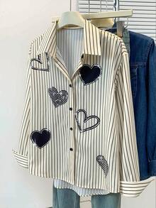 Resyla Áo sơ mi sọc in hình trái tim mới dành cho nữ, trang phục xuân/thu - Nhiều màu - Xem 4