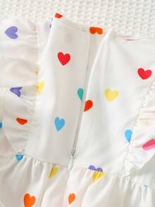 Cozy Pixies Baby Girl Heart Pattern Round Neck Ruffle Hem Waist Cinched Long Sleeve Dress, Suitable For Valentine's Day - White - View 5
