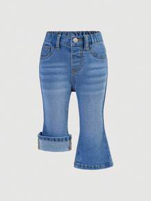 SHEIN Baby Girls' Blue Denim Thermal Lined Elastic Skinny Flare Pants - Medium Wash - View 7