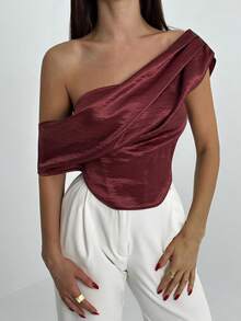 Aloruh Blusa asimétrica con hombros fruncidos de unicolor estilo Y2K en color borgoña, elegante blusa para mujer, blusa chic para mujer en otoño, ideal para mujeres en otoño, otoño, fiestas, citas, Año Nuevo románico. - Marrón Mocha - Ver 7