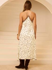 Aralina Váy maxi dài thanh lịch bằng vải satin, dây mảnh, viền ren - Màu be - Xem 2