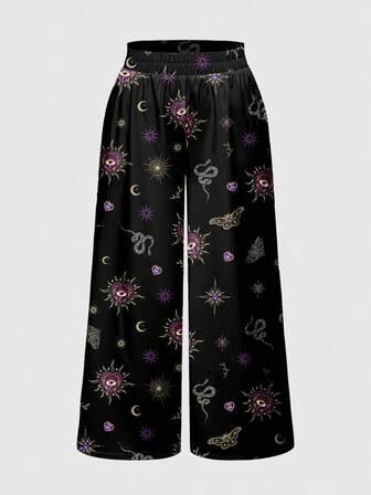 Goth Pantaloni larghi da donna in stile gotico, misteriosi e sensuali, con gemme, croci, lune e stelle, di lusso e regali