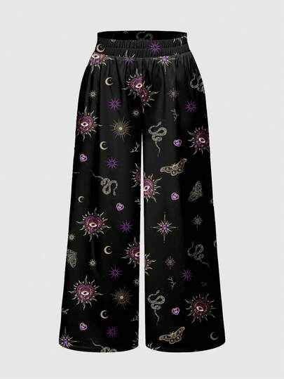 Women's Gothic Dark Mysterious Sexy Palace Luxurious Gemstone Sleeping Cross Heart Moon Star Teardrop Wide Leg Pants