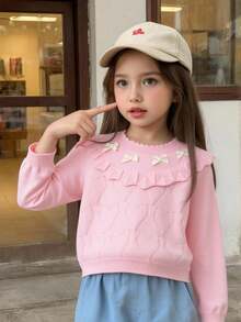 SHEIN Playful Pals 女童休闲可爱粉色蝴蝶结针织短毛衣，柔软舒适，适合日常、户外、旅行、度假、居家、幼儿园、秋冬季、圣诞节、返校、派对等场合，百搭实用。 - 粉色 - 查看 7