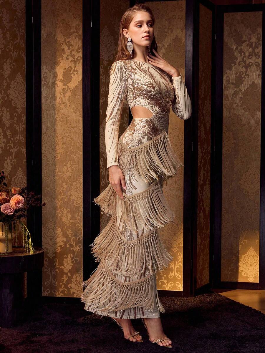 MOTF Soiréza ELEGANTE VESTIDO DE FIESTA DE MANGA LARGA CON CUELLO REDONDO PARA MUJER CON RECORTE EN LA CINTURA Y DISEÑO DE FLECOS COLGANTES - TELA CON BORDADO FLORAL POSICIONAL, SILUETA ENTALLADA PARA EVENTOS FORMALES DE TEMPORADA FRESCA