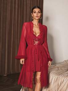 Slumberist Conjunto de pijama con camisón de dormir de encaje empalmado y bata con dobladillo con volantes - Burdeos - Ver 4